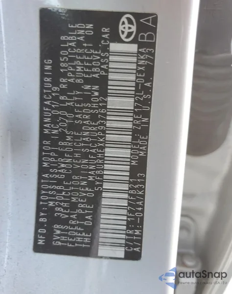 2019 Toyota Corolla L из США, поврежденный, VIN 5YFBURHEXKP937612